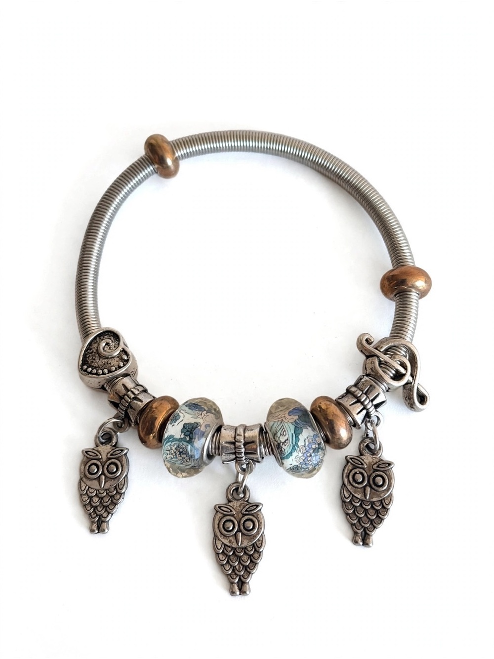 Silver & Gold Owl Charm Bracelet with Blue Glass Beads